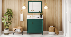 Theodora 36'' Forest Green Vanity, left offset, Calacatta Vienna Quartz Vanity Top, undermount rectangle bowl VKITTHE36GNCQR