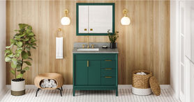 Theodora 36'' Forest Green Vanity, left offset, Steel Grey Cultured Marble Vanity Top, undermount rectangle bowl VKITTHE36GNSGR