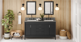 Theodora 60'' Black Vanity, double bowl, Boulder Cultured Marble Vanity Top, two undermount rectangle bowls VKITTHE60BKBOR