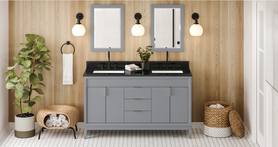 Theodora 60'' Grey Vanity, double bowl, Black Granite Vanity Top, two undermount rectangle bowls VKITTHE60GRBGR
