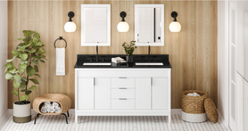 Theodora 60'' White Vanity, double bowl, Black Granite Vanity Top, two undermount rectangle bowls VKITTHE60WHBGR