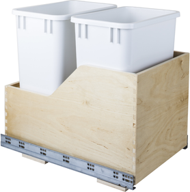 Double 35 Quart Wood Bottom-Mount Soft-close Trashcan Rollout for Hinged Doors, Includes Two White Cans CAN-WBMD35WH
