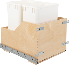 Double 35 Quart Wood Bottom-Mount Soft-close Trashcan Rollout for Door Mounting, Includes Two White Cans CDM-WBMD3518WH