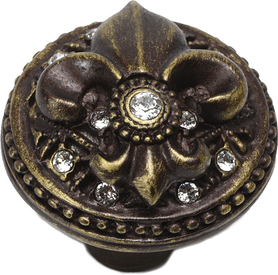 Versailles 7605-3C Antique Brass large round knob Fleur De Lys w/ Swarovski Crystals 7605-3C
