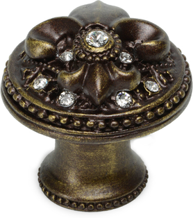 Versailles 7605B-3C Antique Brass large round knob Fleur De Lys w/ Swarovski Crystals and flared foot 7605B-3C
