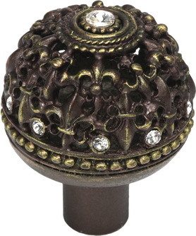Versailles 7612-3C Antique Brass large round knob Fleur De Lys open basket w/ Swarovski Crystals 7612-3C