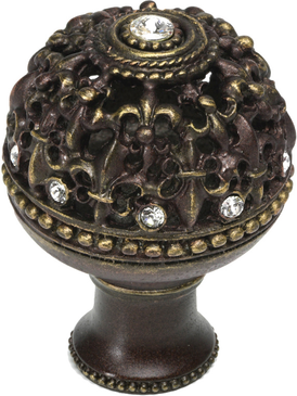 Versailles 7612B-3C Antique Brass large round knob Fleur De Lys open basket w/ Swarovski Crystals and flared foot 7612B-3C