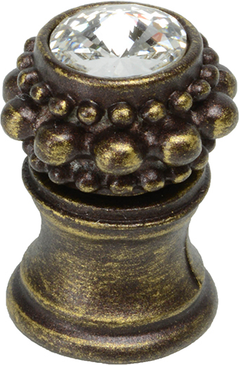 Cache Caché small round knob with flared foot with a rivoli Swarovski Clear Crystal in Antique Brass. 865B-3C