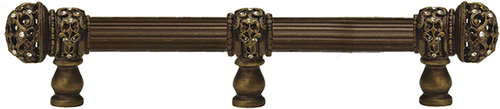 Juliane Grace 6'' cc with 5/8'' reeded center long pull & center brace small finial with clear Swarovski crystals in Antique Brass. 5705R-3C