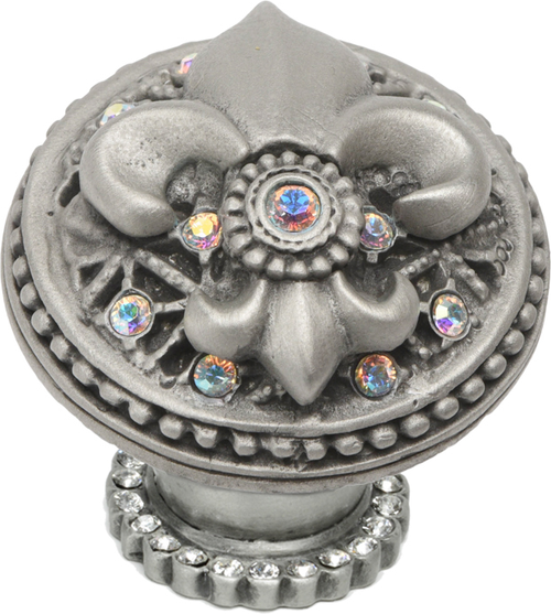 Versailles 7605H-11AB Satin large round knob Fleur De Lys w/ Swarovski Crystals and halo platform 7605H-11AB
