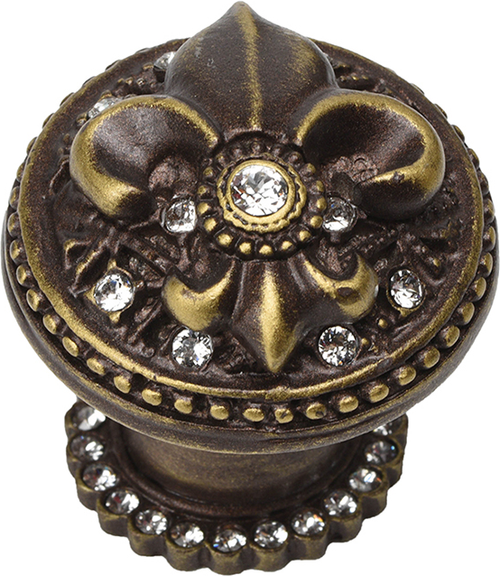 Versailles 7605H-3C Antique Brass large round knob Fleur De Lys w/ Swarovski Crystals and halo platform 7605H-3C