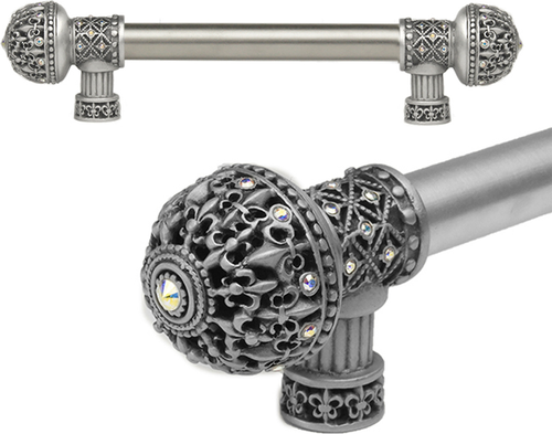 Versailles 7646-11AB Satin Fleur De Lys 6'' cc long pull large finial w/ Swarovski Crystals w/ 5/8'' smooth center 7646-11AB