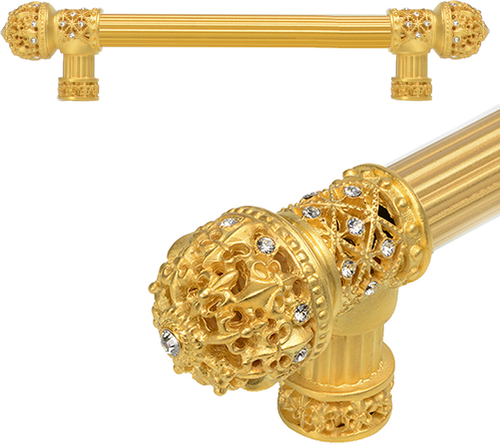 Versailles 7654R-8C Gilded Mercury Fleur De Lys 9'' cc long pull small finial w/ Swarovski Crystals w/ 5/8'' reeded center 7654R-8C