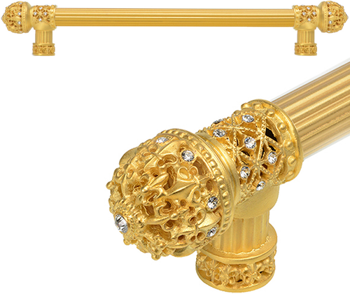 Versailles 7656R-8C Gilded Mercury Fleur De Lys 18'' cc long pull small finial w/ Swarovski Crystals w/ 5/8'' reeded center 7656R-8C