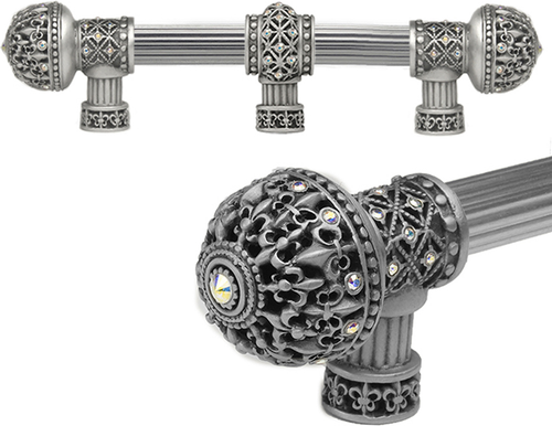 Versailles 7660R-11AB Satin Fleur De Lys 6'' cc long pull large finial w/ Swarovski Crystals w/ 5/8'' reeded center w/ center brace 7660R-11AB