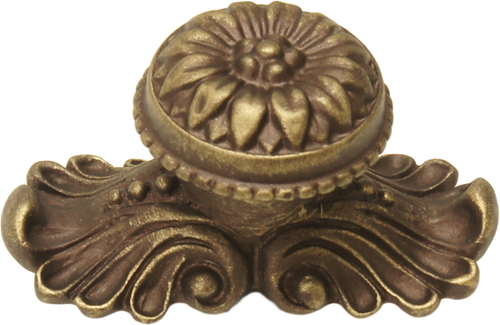 Acanthus large knob with flared foot Rosette style with medium backplate in Antique Brass. 830842-3
