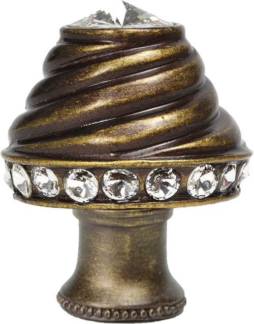 Caché medium round knob with flared foot with 19 rivoli Swarovski Clear Crystals in Antique Brass. 864B-3C