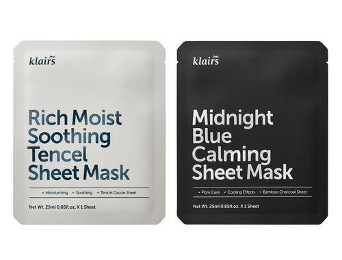 Klairs Rich Moist Soothing Tencel Sheet Mask and Klairs Midnight Blue Calming Sheet Mask.