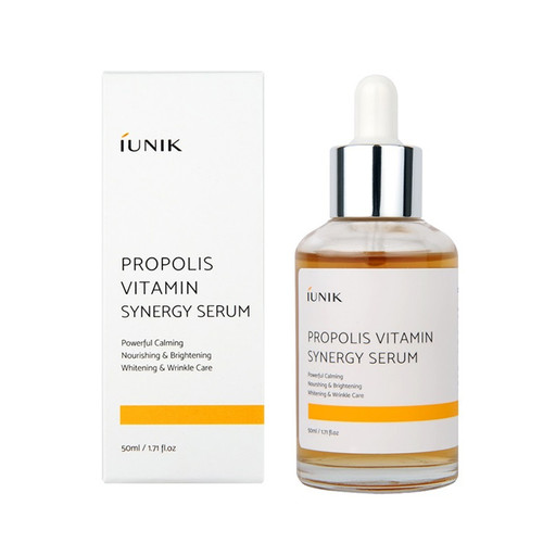 iUNIK Propolis Vitamin Synergy Serum 50 mL - Brightens and soothes skin. Suitable for sensitive skin. Contains star ingredients: 70% Propolis, 12% Hippophae rhamnoides, Centella asiatica, witch hazel, purslane and gingko extracts. 