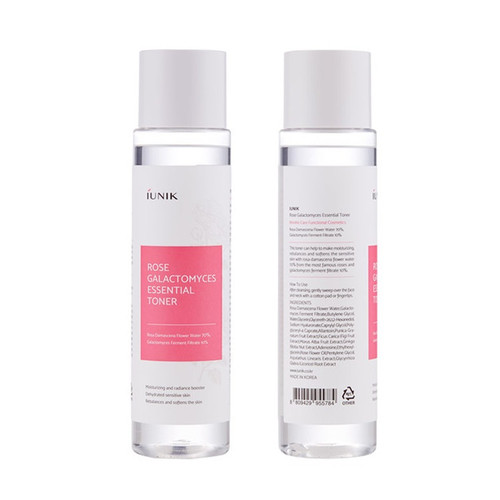 iUNIK Rose Galactomyces Essential Toner: Moisturises and refines pores with 70% Rosa centafolia flower water (rose water). Nourishes skin and fight wrinkles with 10% Galactomyces ferment filtrate. 
