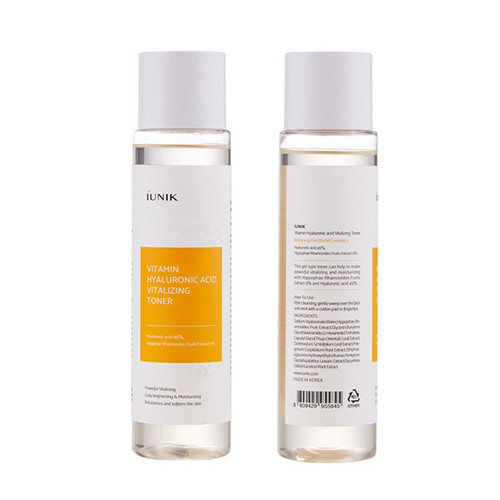 iUNIK Vitamin Hyaluronic Acid Vitalising Toner: Moisturises and plumps skin with 45% Hyaluronic acid and 5% Hippophae rhamnoides fruit extract.