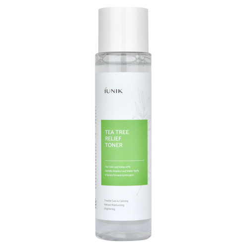iUNIK Tea Tree Relief Toner: Calms skin with 67% Tea tree leaf water and 19.5% Centella asiatica leaf water.