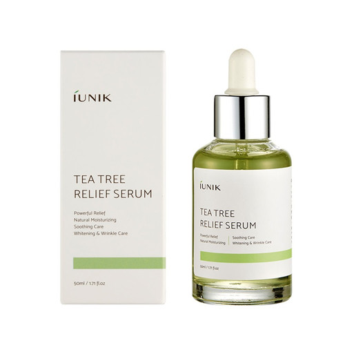 iUNIK Tea Tree Relief Serum 50 mL: Soothes and moisturises skin. Contains 67% Tea tree extract, 19.5% Centella asiatica extract and extracts from six types of sprouts.