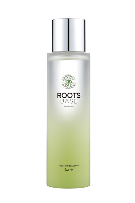 The Roots Base Botanicals Hydrating Essence Toner provides superior hydration with Pachyma extract from pine tree roots and preps skin for other skincare products.