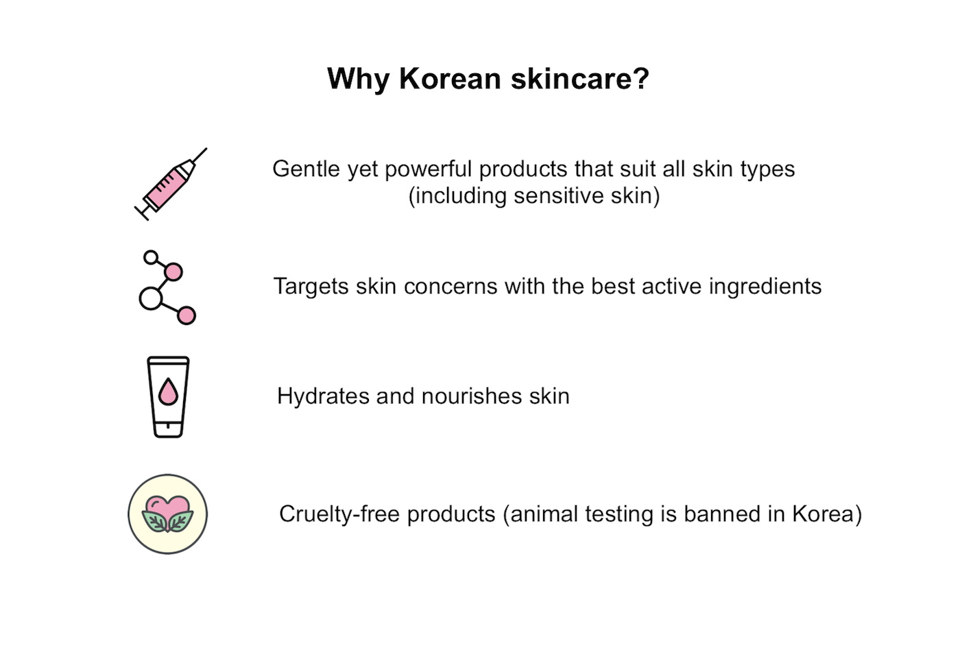 Why use Korean skincare? Gentle yet powerful products that suit all skin types (including sensitive skin). Targets skin concerns with the best active ingredients. Hydrates and nourishes skin. Cruelty-free products (animal testing is banned in Korea). 