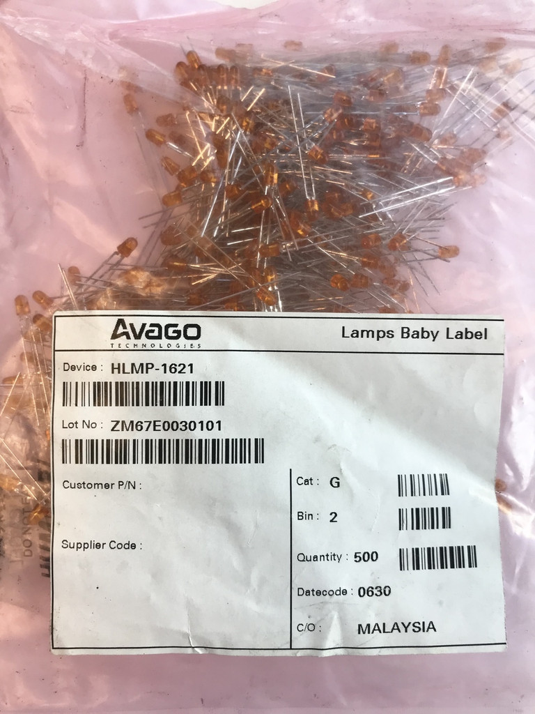 (Factory Bag of 500 pcs) Avago HLMP-1621 Yellow Diffused 12V T-1 (3mm) LED