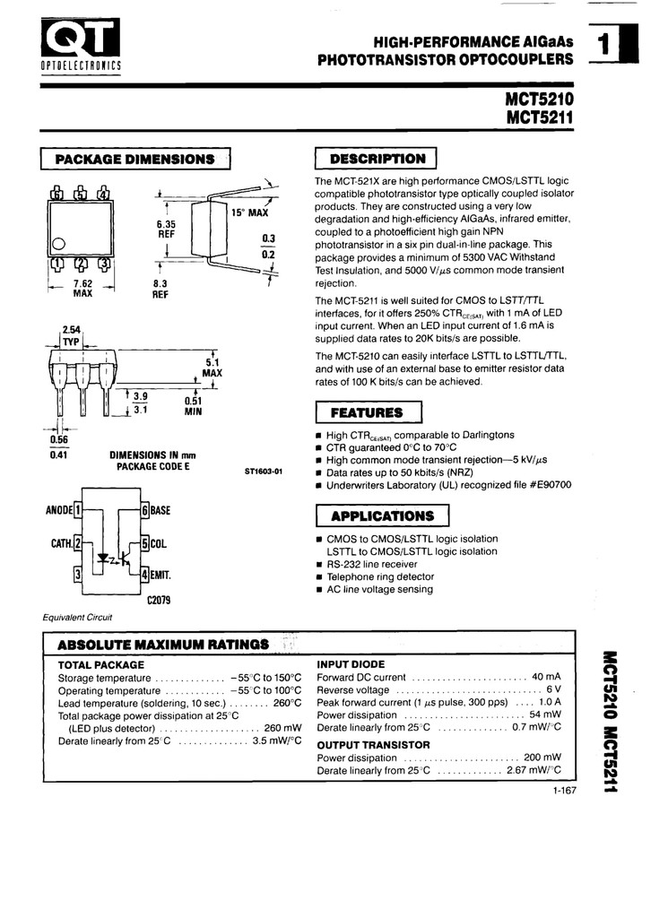 (PKG of 5) MCT5211 Phototransistor Optocouplers, PDIP-6, Quality Technologies