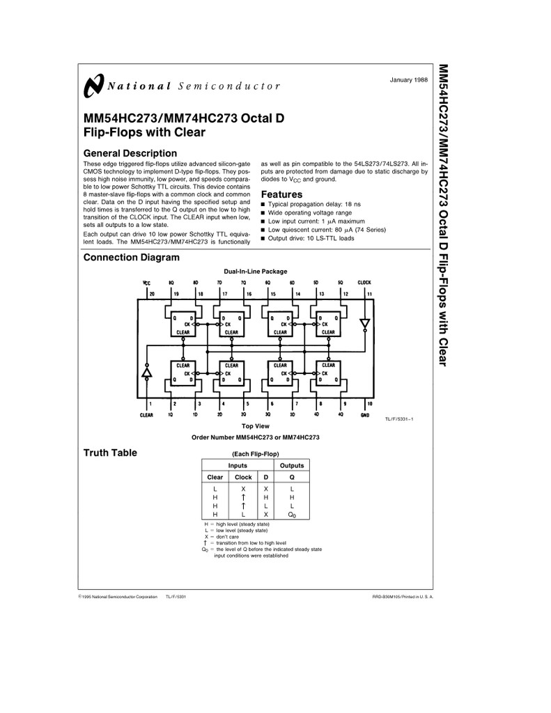 (PKG of 5) MM74HC273N / MC74HC273N Octal D-Type Flip-Flops, PDIP-20, National