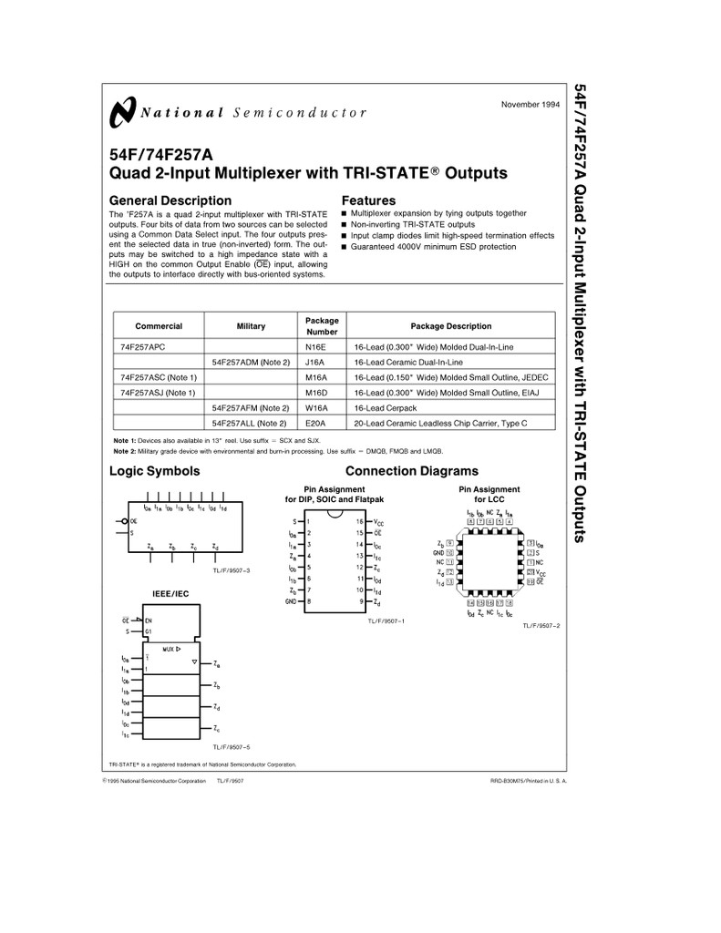 (PKG of 10) 74F257APC Quad 2-Input Multiplexer, PDIP-16, National