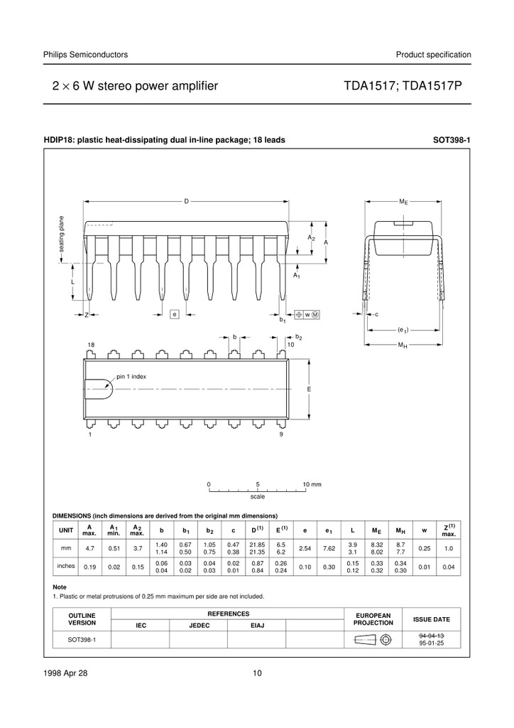 NXP TDA1517P Audio Amplifier IC - 6W Stereo, DIP-18 Package - New