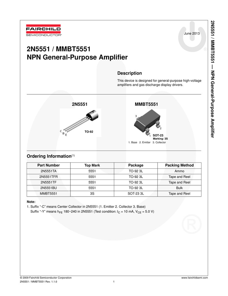 (PKG of 20) 2N5551 NPN General Purpose Amplifier Transistors, TO-92, Fairchild