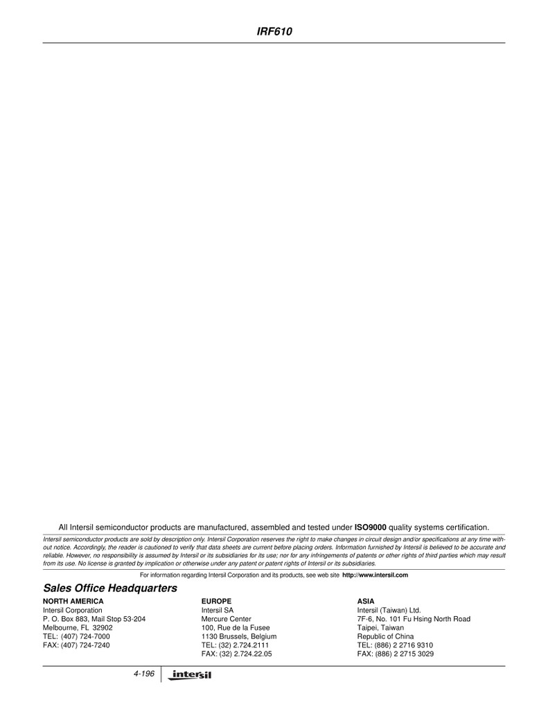 (PKG of 10) IRF610 N-Channel Power MOSFET, 3.3A, 200V, Intersil, TO-220