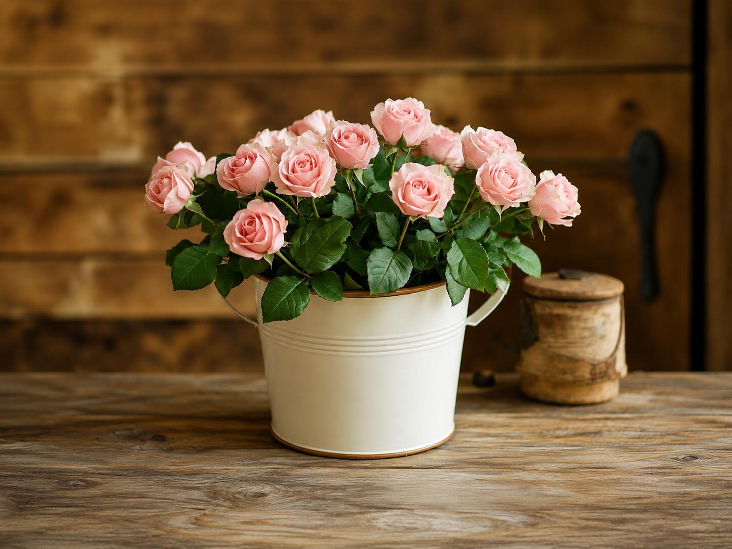 Soft pink roses in a white bucket on rustic wooden table.