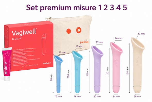Vagiwell - Dilatatori Vaginali Set Premium Confezione 5 Pezzi + Beauty Case In Cotone e Gel Lubrificante Animé 50 Ml