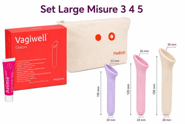 Vagiwell - Dilatatori Vaginali Set Large Confezione 3 Pezzi + Beauty Case In Cotone e Gel Lubrificante Gel Animé 50 Ml