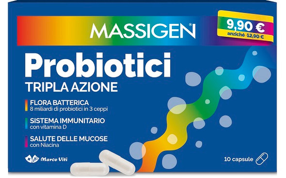 Massigen Probiotici Tripla Azione Integratore Fermenti Lattici Confezione 10 Capsule
