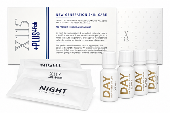 X115 + Plus 4 Fish Integratore Antiage Formula Day & Night 15 Flaconcini + 15 Bustine