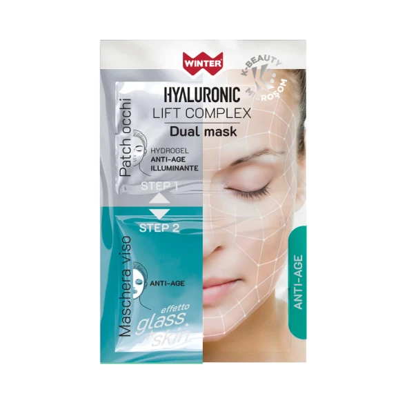 Winter - Hyaluronic Lift Complex Dual Mask Maschera Viso + Patch Occhi Hydrogel Anti Age Effetto Glass Skin Confezione 2 Pezzi