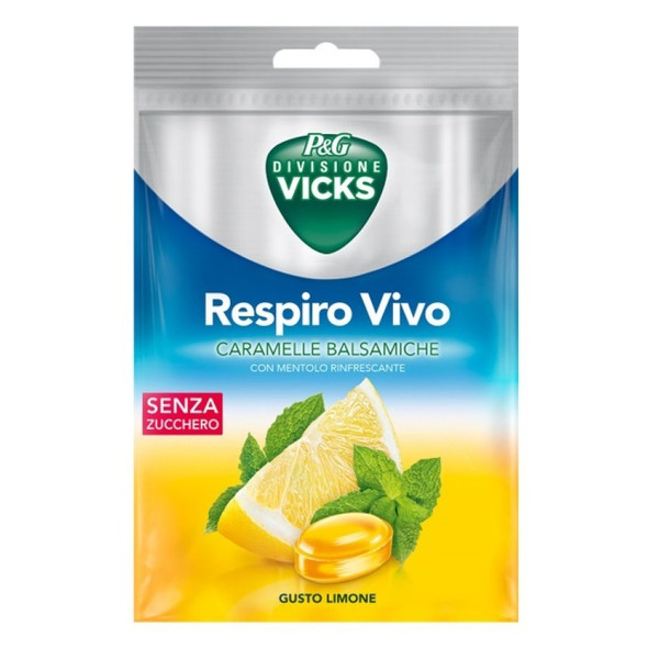 Vicks - Respiro Bene Caramelle Balsamiche Senza Zucchero Gusto Limone Confezione 72 Gr