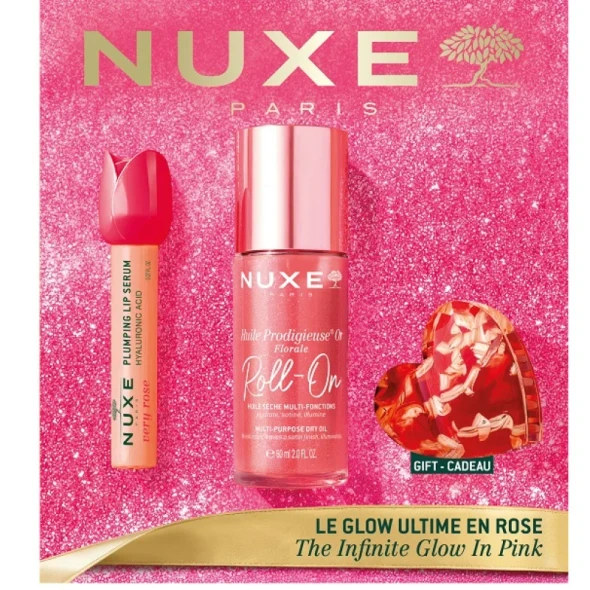 Nuxe - Cofanetto Natale The Infinity Glow In Pink Siero Labbra Rimpolpante+Huile Prodigieuse Floral Roll On Brillantinato Confezione 2 Pezzi