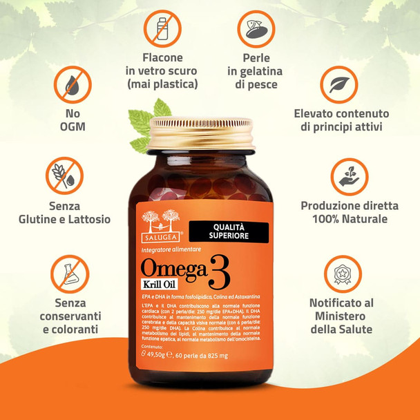 Salugea - Omega 3 Krill Oil Puro Olio di Krill Antartico Confezione 60 Perle