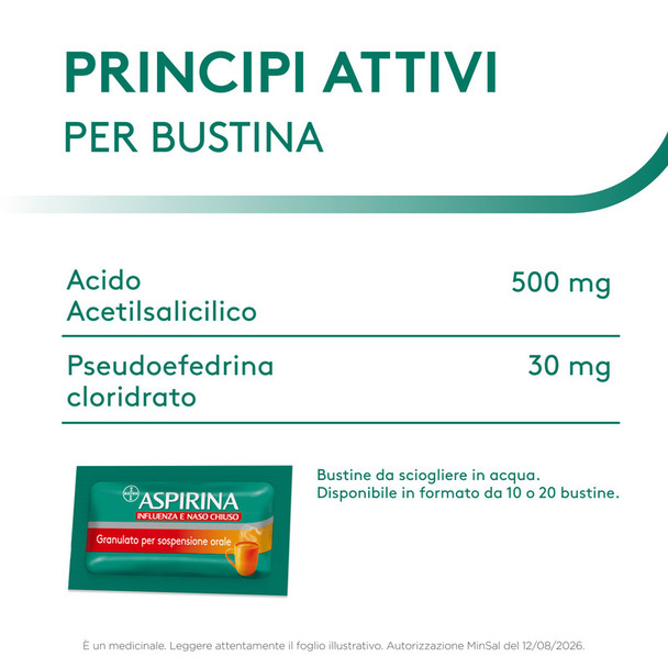 Aspirina - Influenza E Naso Chiuso Antidolorifico Decongestionante Sciogliere in Acqua Fredda e Calda 20 Bustine (Scadenza Prodotto 01/03/2027)