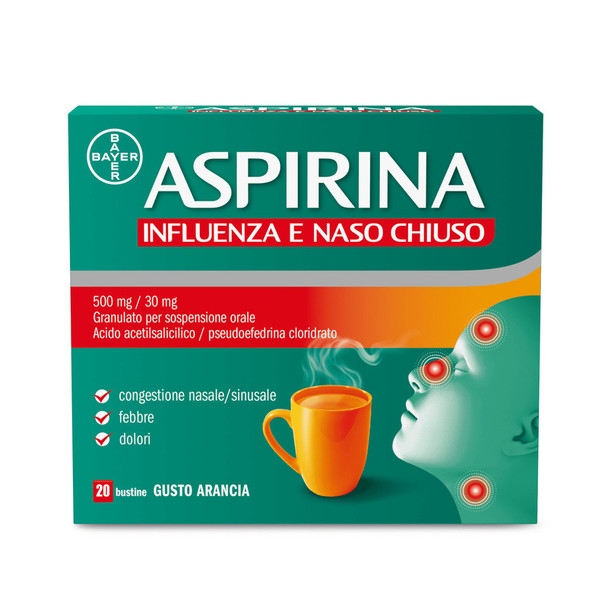 Aspirina Influenza E Naso Chiuso Antidolorifico Decongestionante Sciogliere in Acqua Fredda e Calda Confezione 20 Bustine
