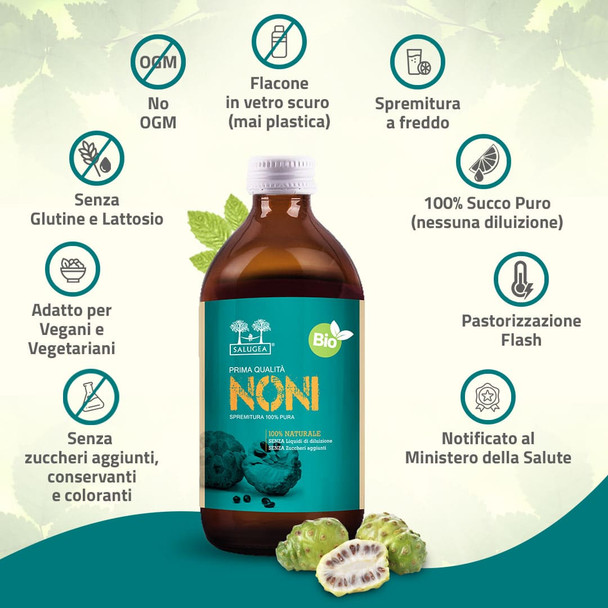 Salugea - Succo Di Noni Biologico 100% Puro Flacone in Vetro Scuro Confezione 500 Ml