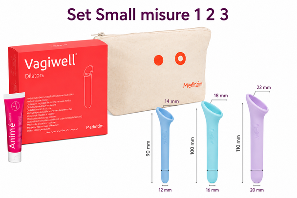 Vagiwell - Dilatatori Vaginali Set Small Confezione 3 Pezzi + Beauty Case In Cotone e Gel Lubrificante Animé 50 Ml
