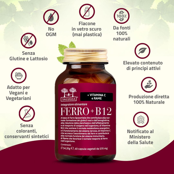 Salugea - Ferro + B12 Integratore Ferro e Vitamina B12 Confezione 60 Capsule (Scadenza Prodotto 28/07/2026)